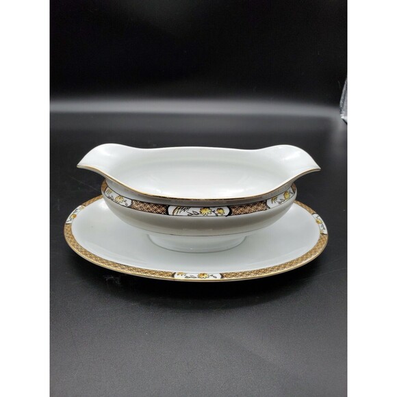 Noritake Gravy Boat Under Plate Japan Geometric Band Florals with Gold 1918 - Picture 1 of 12